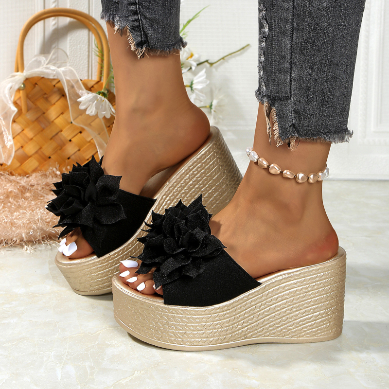 Дамски сандали на танкетка за жени, лято 2025, нови експортни чехли с дебела подметка тип „рибешка уста“ с цветен пандишпан