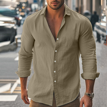 Νέο, διασυνοριακό, ευρωπαϊκό και αμερικανικό, ανδρικό casual μονόχρωμο πουκάμισο με αγκράφα πέτου, κατάλληλο για ανοιξιάτικη και φθινοπωρινή σεζόν, με μακριά μανίκια και αγκράφα πέτου.