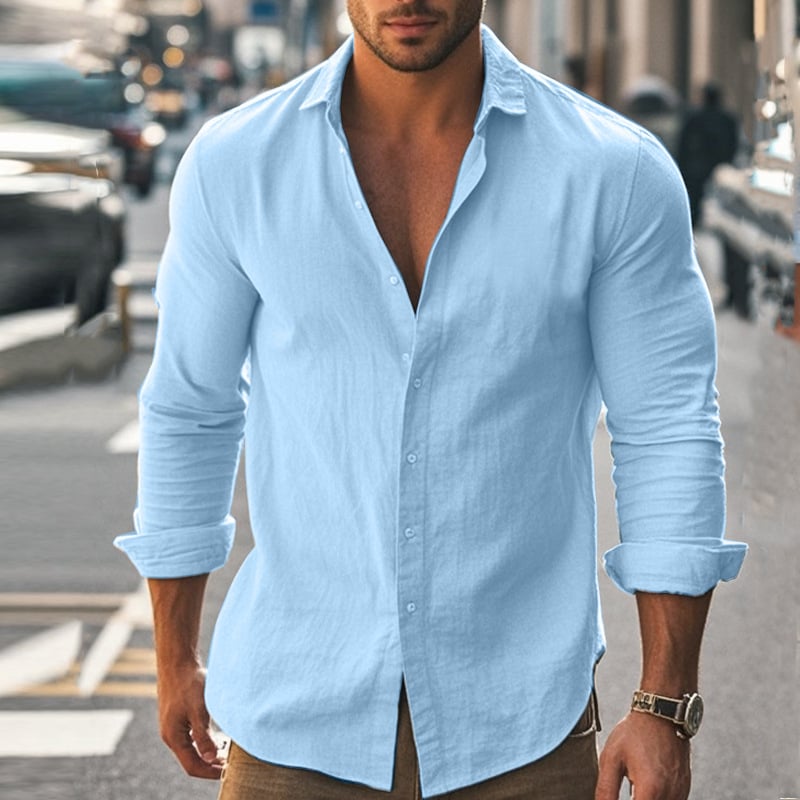 Cămașă bărbătească casual, cu mânecă lungă, din bumbac și in, la modă europeană și americană, cu cataramă, stil casual, potrivită pentru sezonul de primăvară și toamnă