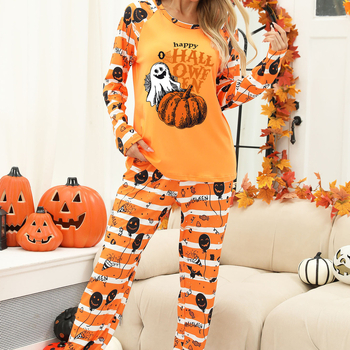 Έτοιμα ρούχα σπιτιού για γυναίκες από τον κατασκευαστή, ευρωπαϊκά και αμερικανικά ρούχα σπιτιού σε δύο κομμάτια, πιτζάμες με εκτύπωση κολοκύθας για το Halloween