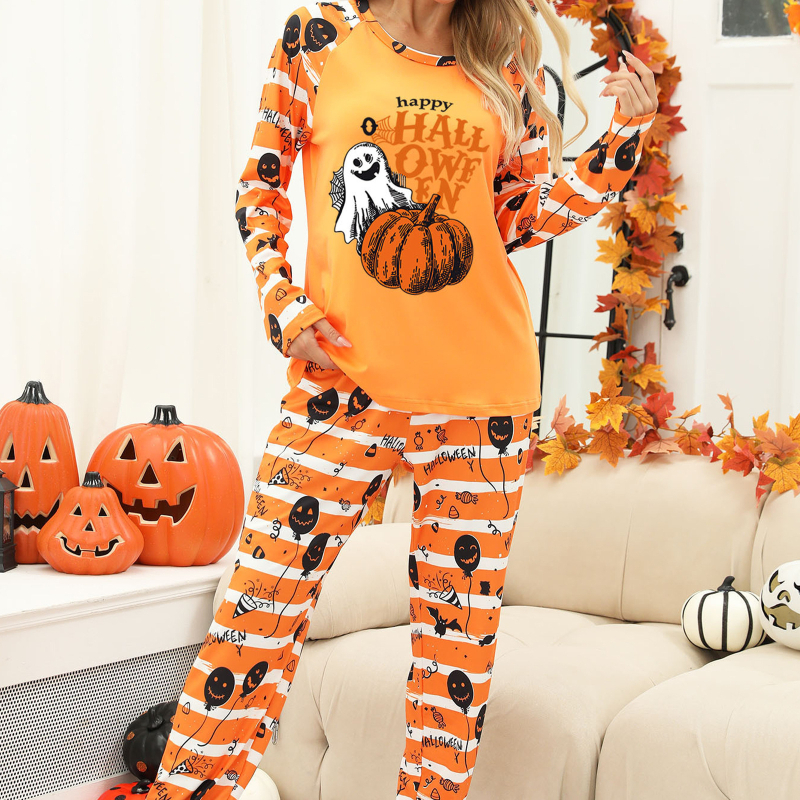 Tootja valmis naiste koduriided Euroopa ja Ameerika kaheosalised lõhestatud koduriided pidžaamad Halloweeni kõrvitsaprindiga
