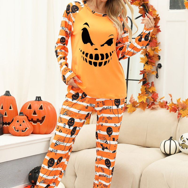 Tootja valmis naiste koduriided Euroopa ja Ameerika kaheosalised lõhestatud koduriided pidžaamad Halloweeni kõrvitsaprindiga