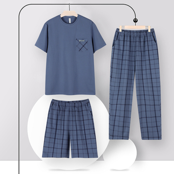 Meeste suvine puuvillane pidžaama, lühikeste varrukatega, õhuke ruuduline, puuvillane kolmeosaline komplekt, meeste suvine suurte koduriiete komplekt