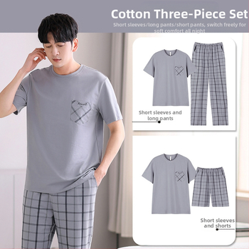 Meeste suvine puuvillane pidžaama, lühikeste varrukatega, õhuke ruuduline, puuvillane kolmeosaline komplekt, meeste suvine suurte koduriiete komplekt
