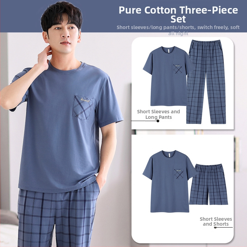 Vyrų vasarinis pižamos komplektas iš grynos medvilnės, trumpomis rankovėmis, plonas languotas medvilninis trijų dalių komplektas, vyriškas vasarinis didelių dydžių namų drabužių komplektas