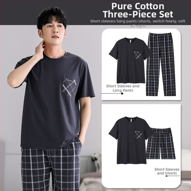 Meeste suvine puuvillane pidžaama, lühikeste varrukatega, õhuke ruuduline, puuvillane kolmeosaline komplekt, meeste suvine suurte koduriiete komplekt