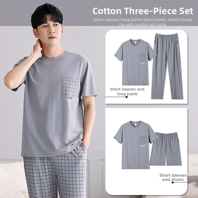 Meeste suvine puuvillane pidžaama, lühikeste varrukatega, õhuke ruuduline, puuvillane kolmeosaline komplekt, meeste suvine suurte koduriiete komplekt