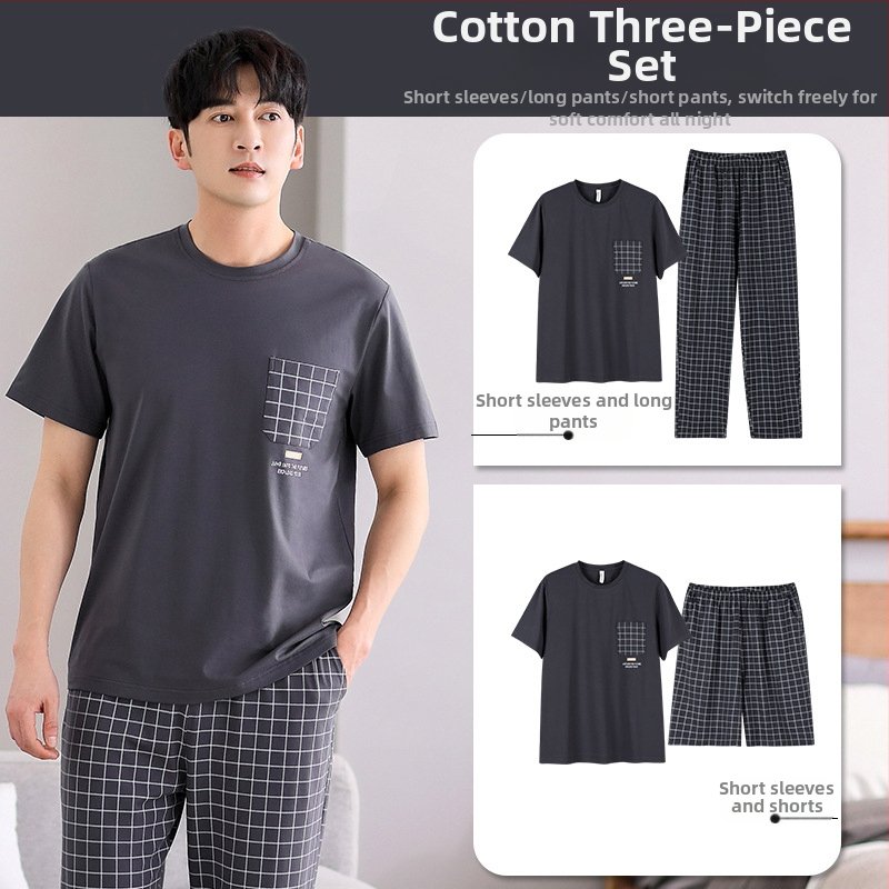Meeste suvine puuvillane pidžaama, lühikeste varrukatega, õhuke ruuduline, puuvillane kolmeosaline komplekt, meeste suvine suurte koduriiete komplekt