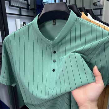 Άμεσες Πωλήσεις από το Εργοστάσιο για Μεσήλικες και Ηλικιωμένους Μπαμπάδες, Κοντομάνικο Καλοκαιρινό Ανδρικό Λεπτό Ριγέ Casual T-shirt, Χαλαρό, Αναπνεύσιμο, Μισόμανικο