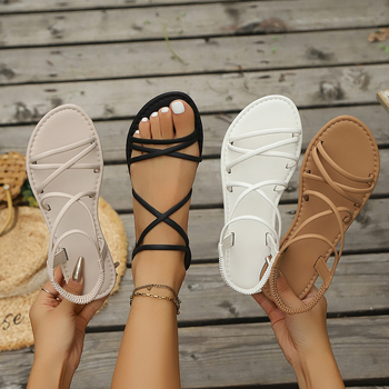 2025 Нови връхни дрехи Интернет знаменитости равни дамски сандали с тънка каишка, еластични, фея с пола, римски плажни дамски обувки