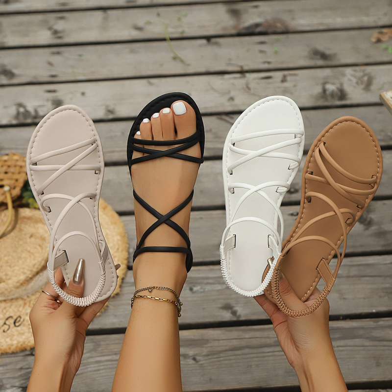 2025 Нови връхни дрехи Интернет знаменитости равни дамски сандали с тънка каишка, еластични, фея с пола, римски плажни дамски обувки