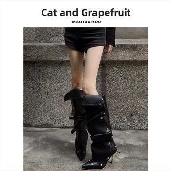 Дамски ботуши с копчета и две стъпала, есен и зима 2024, нови ботуши на висок ток от Spice Girls, модни ботуши с остър тънък ток и дълги ботуши