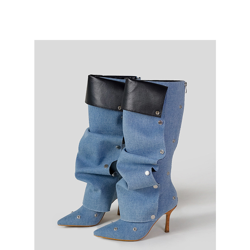 Дамски ботуши с копчета и две стъпала, есен и зима 2024, нови ботуши на висок ток от Spice Girls, модни ботуши с остър тънък ток и дълги ботуши
