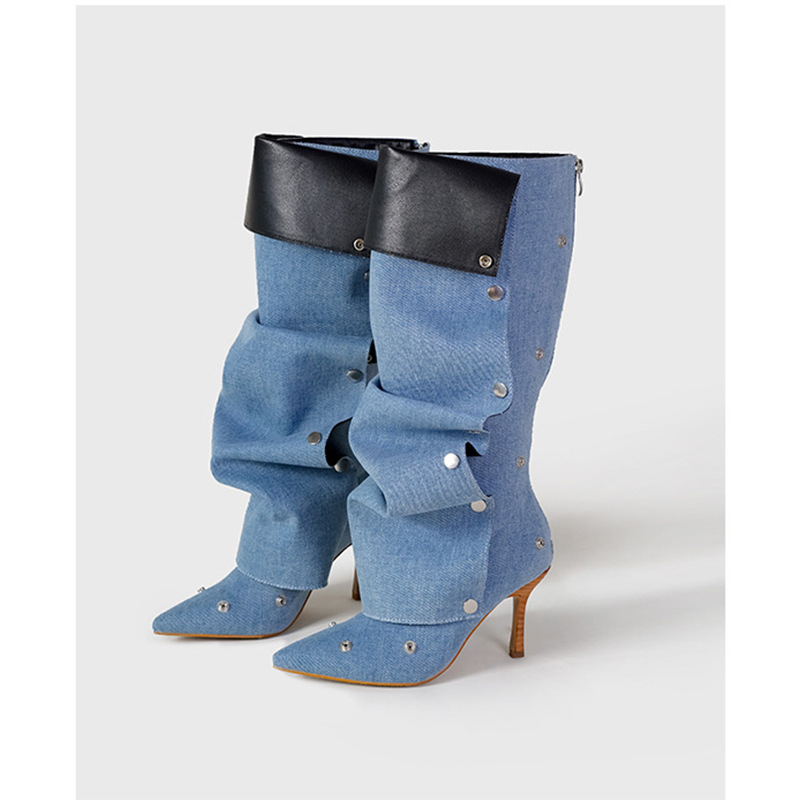 Дамски ботуши с копчета и две стъпала, есен и зима 2024, нови ботуши на висок ток от Spice Girls, модни ботуши с остър тънък ток и дълги ботуши