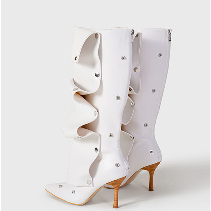 Дамски ботуши с копчета и две стъпала, есен и зима 2024, нови ботуши на висок ток от Spice Girls, модни ботуши с остър тънък ток и дълги ботуши