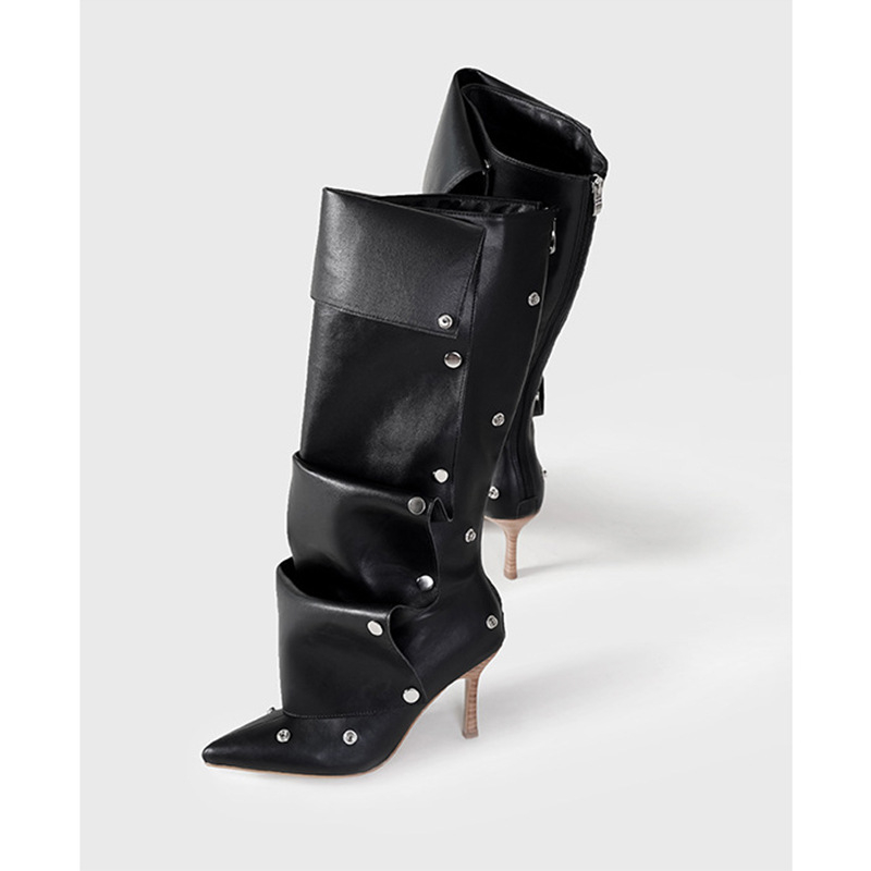 Дамски ботуши с копчета и две стъпала, есен и зима 2024, нови ботуши на висок ток от Spice Girls, модни ботуши с остър тънък ток и дълги ботуши