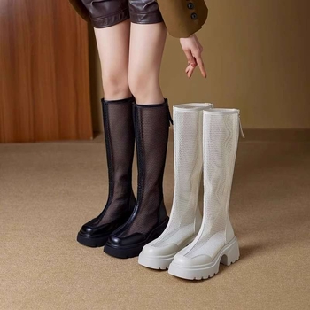 Летни ботуши за жени 2025 Нови черни мрежести ботуши с дебело подметка и кухи ботуши с увеличени експлозии