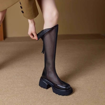Летни ботуши за жени 2025 Нови черни мрежести ботуши с дебело подметка и кухи ботуши с увеличени експлозии