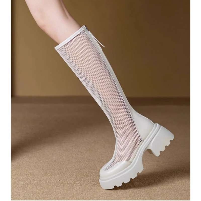 Летни ботуши за жени 2025 Нови черни мрежести ботуши с дебело подметка и кухи ботуши с увеличени експлозии