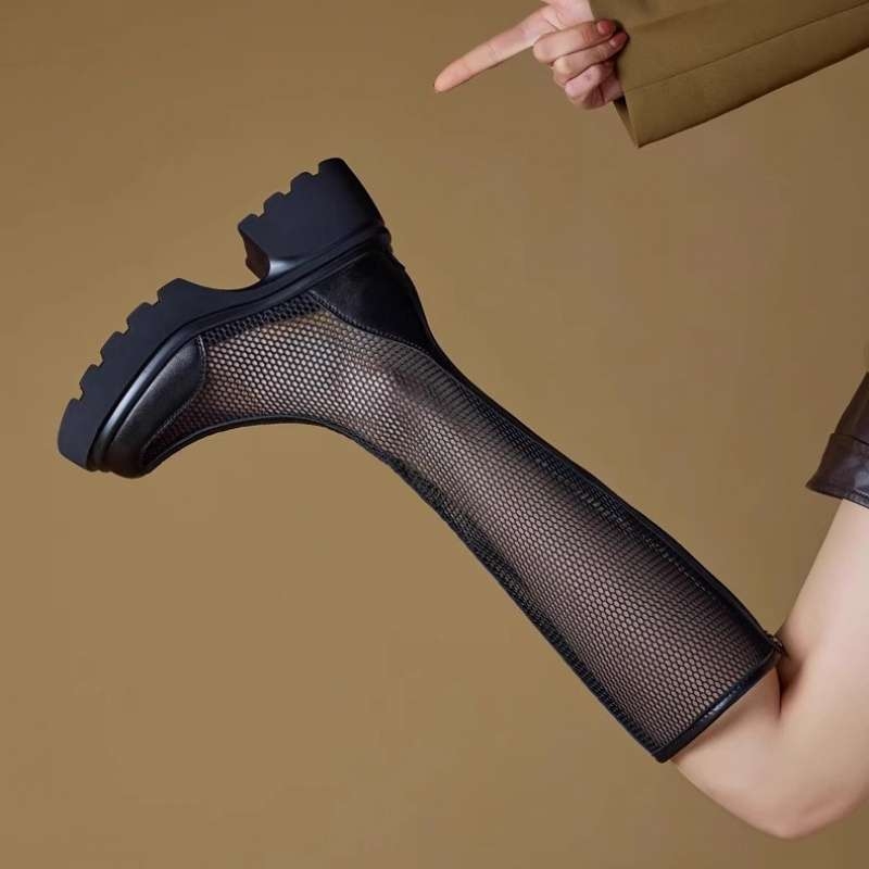 Летни ботуши за жени 2025 Нови черни мрежести ботуши с дебело подметка и кухи ботуши с увеличени експлозии