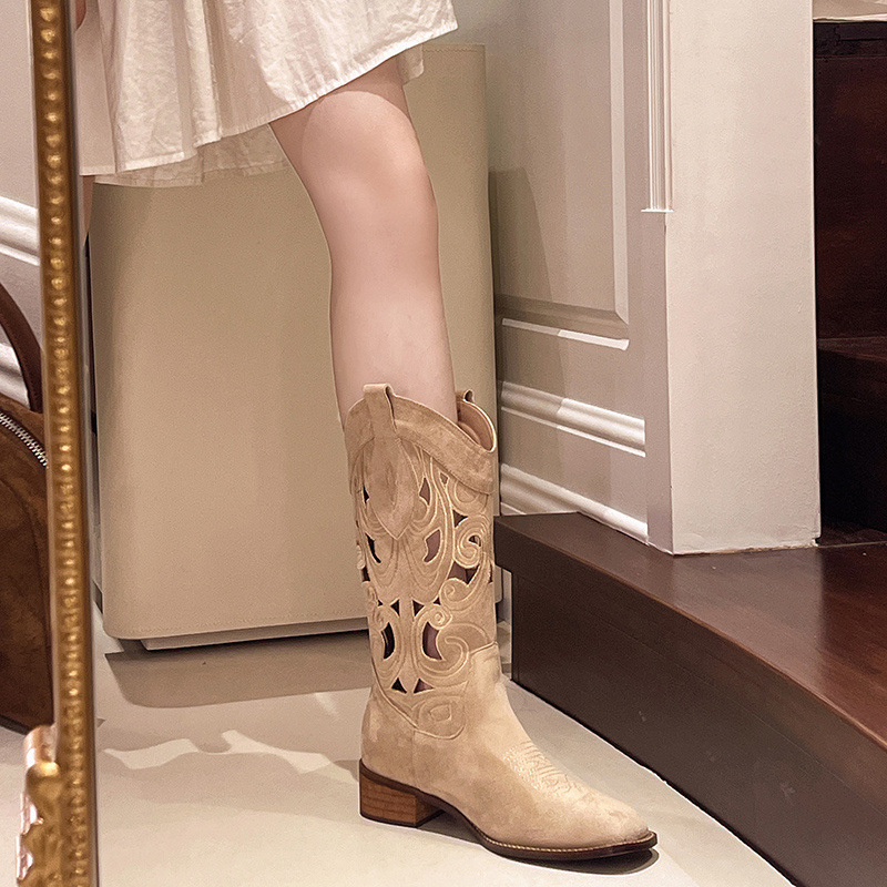 Etničke stilske zapadnjačke čizme, ženske sandale za ljeto 2025., nove retro duge cijevi, jesenske tanke kaubojske čizme u sečuanskom stilu