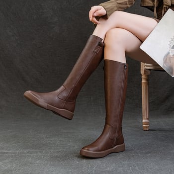 Vintažiniai natūralios odos Martino stiliaus moteriški aulinukai iki kelių, liekninantys riterio stiliaus aulinukai su storu padu, vilnoniu pamušalu, rudens ir žiemos ilgi aulinukai, universalūs aukštaauliai