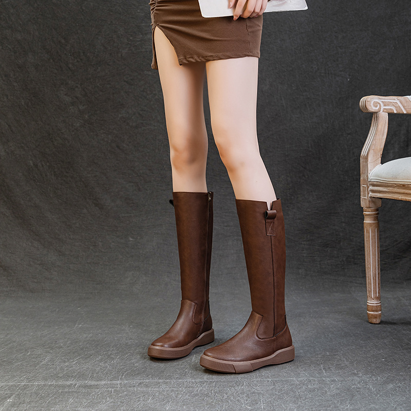 Vintažiniai natūralios odos Martino stiliaus moteriški aulinukai iki kelių, liekninantys riterio stiliaus aulinukai su storu padu, vilnoniu pamušalu, rudens ir žiemos ilgi aulinukai, universalūs aukštaauliai