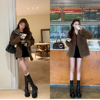 Verzija od kravlje kože ~ Modne duge viteške čizme s kopčom za remen, istog stila, marke Grape Mom, okruglim vrhom, debelim potplatom, svestrane kratke čizme do sredine teleta za žene