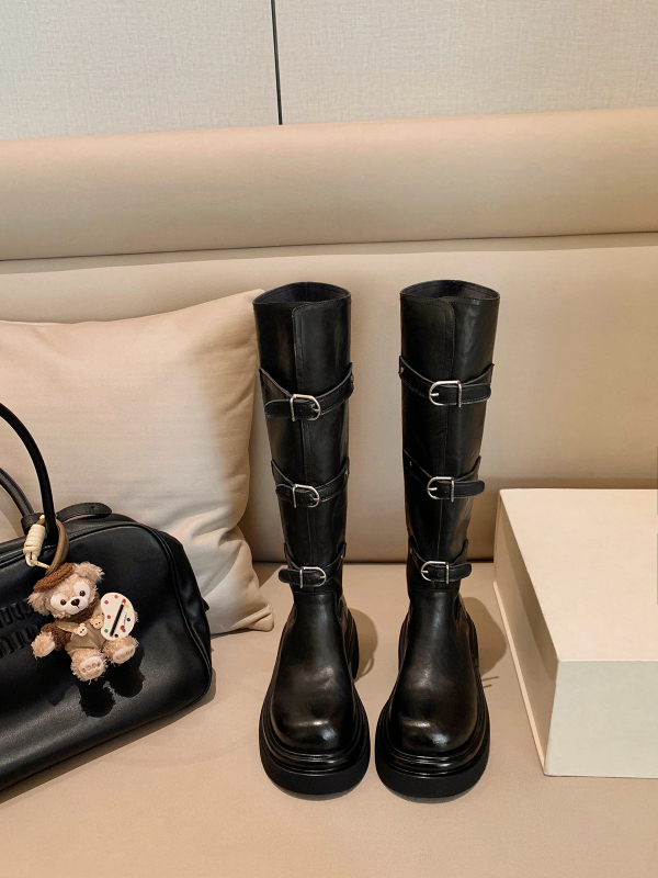 Verzija od kravlje kože ~ Modne duge viteške čizme s kopčom za remen, istog stila, marke Grape Mom, okruglim vrhom, debelim potplatom, svestrane kratke čizme do sredine teleta za žene