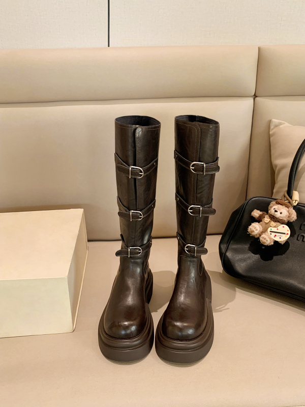 Verzija od kravlje kože ~ Modne duge viteške čizme s kopčom za remen, istog stila, marke Grape Mom, okruglim vrhom, debelim potplatom, svestrane kratke čizme do sredine teleta za žene