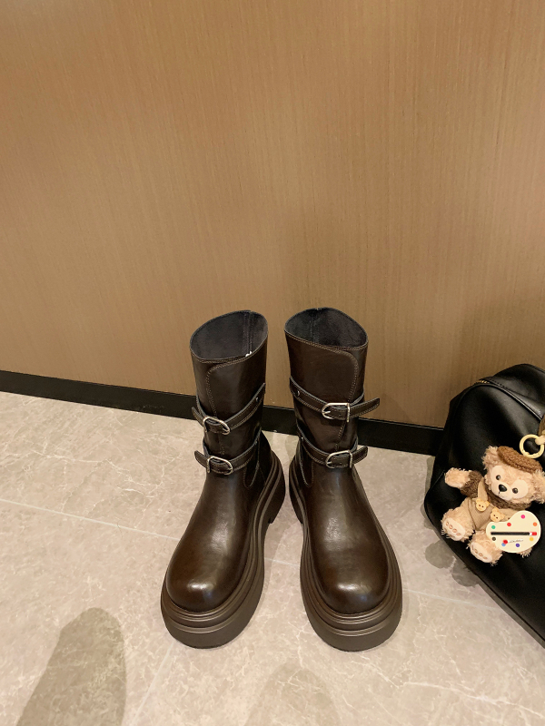 Verzija od kravlje kože ~ Modne duge viteške čizme s kopčom za remen, istog stila, marke Grape Mom, okruglim vrhom, debelim potplatom, svestrane kratke čizme do sredine teleta za žene