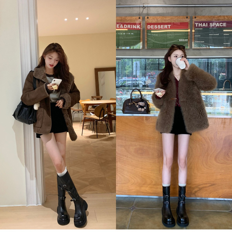 Verzija od kravlje kože ~ Modne duge viteške čizme s kopčom za remen, istog stila, marke Grape Mom, okruglim vrhom, debelim potplatom, svestrane kratke čizme do sredine teleta za žene