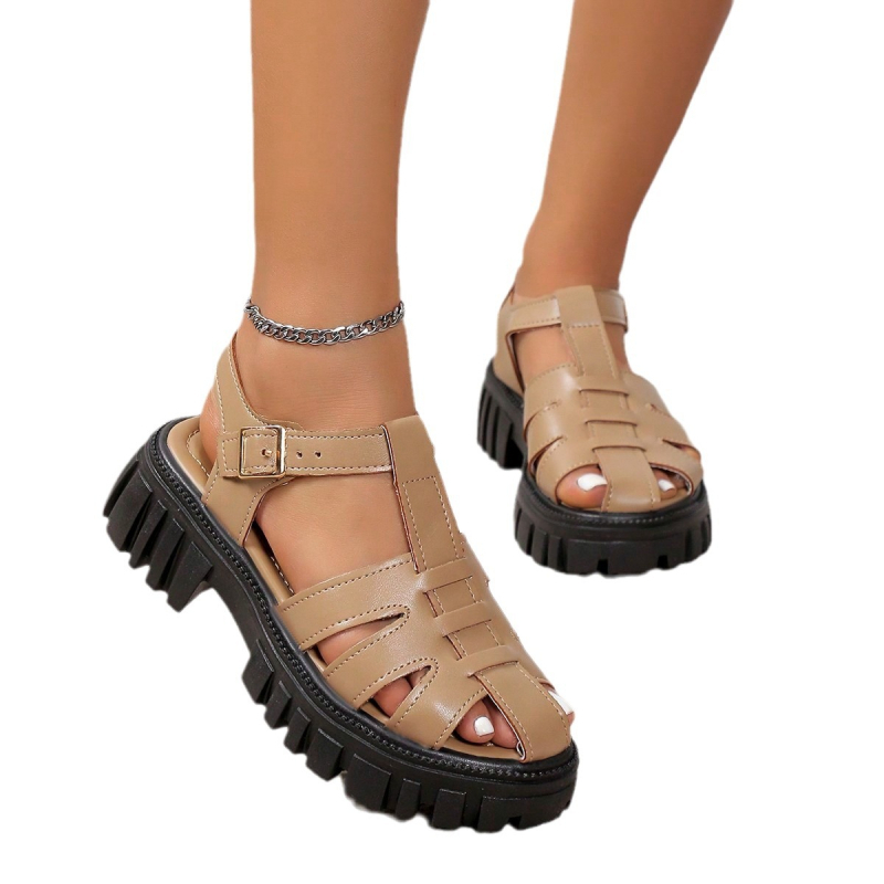 Γυναικεία σανδάλια Roman με ανοιχτό τακούνι και στρογγυλή μύτη, καλοκαίρι 2024, νέα κορεάτικα σανδάλια με πλατφόρμα και χοντρή σόλα, ανοιχτά σανδάλια