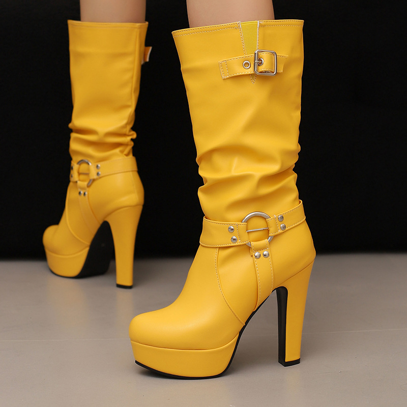 Retro nove rimske čizme, velike veličine, čizme s kopčom za remen, čizme s visokom petom, 4 vodene ploče, debele bijele ženske