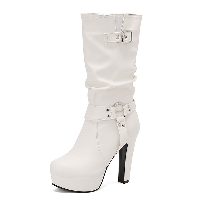Retro nove rimske čizme, velike veličine, čizme s kopčom za remen, čizme s visokom petom, 4 vodene ploče, debele bijele ženske