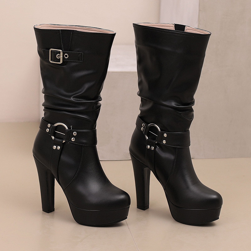 Retro nove rimske čizme, velike veličine, čizme s kopčom za remen, čizme s visokom petom, 4 vodene ploče, debele bijele ženske