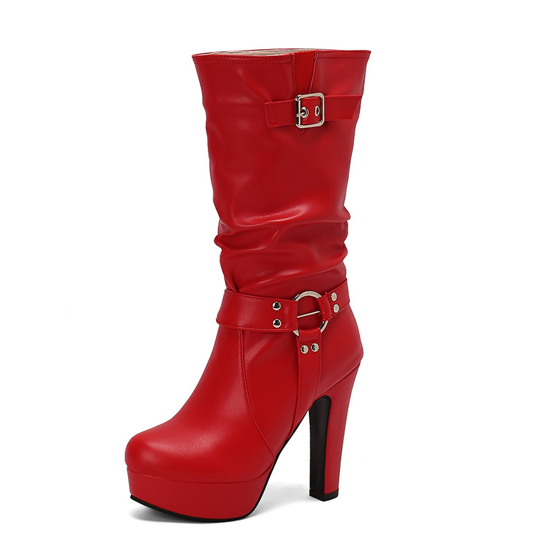 Retro nove rimske čizme, velike veličine, čizme s kopčom za remen, čizme s visokom petom, 4 vodene ploče, debele bijele ženske