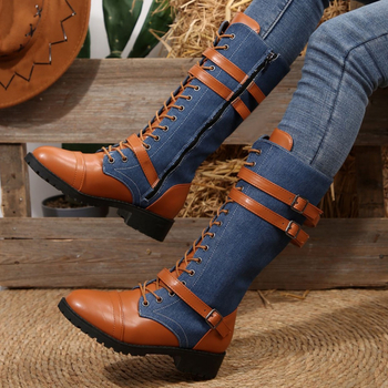 Високи ботуши Wish Amazon 2025 есен и зима нови европейски и американски ботуши с кръгъл връх от пура, снаждане на деним, рицарски ботуши, готови за трансграничен пазар