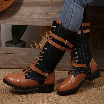 Високи ботуши Wish Amazon 2025 есен и зима нови европейски и американски ботуши с кръгъл връх от пура, снаждане на деним, рицарски ботуши, готови за трансграничен пазар