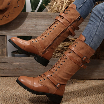 Високи ботуши Wish Amazon 2025 есен и зима нови европейски и американски ботуши с кръгъл връх от пура, снаждане на деним, рицарски ботуши, готови за трансграничен пазар