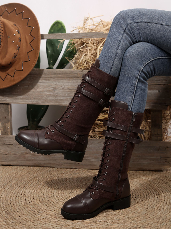 Високи ботуши Wish Amazon 2025 есен и зима нови европейски и американски ботуши с кръгъл връх от пура, снаждане на деним, рицарски ботуши, готови за трансграничен пазар