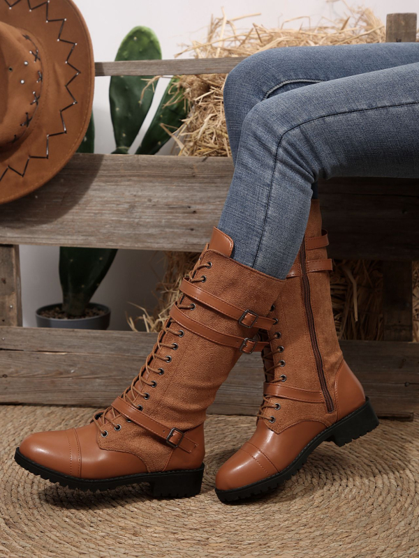 Високи ботуши Wish Amazon 2025 есен и зима нови европейски и американски ботуши с кръгъл връх от пура, снаждане на деним, рицарски ботуши, готови за трансграничен пазар