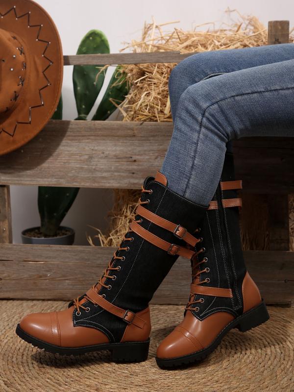 Високи ботуши Wish Amazon 2025 есен и зима нови европейски и американски ботуши с кръгъл връх от пура, снаждане на деним, рицарски ботуши, готови за трансграничен пазар