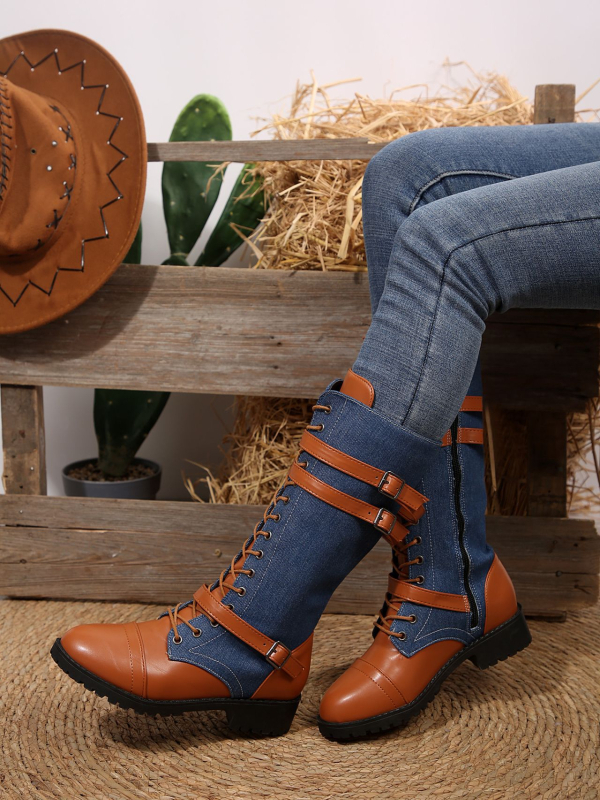 Високи ботуши Wish Amazon 2025 есен и зима нови европейски и американски ботуши с кръгъл връх от пура, снаждане на деним, рицарски ботуши, готови за трансграничен пазар