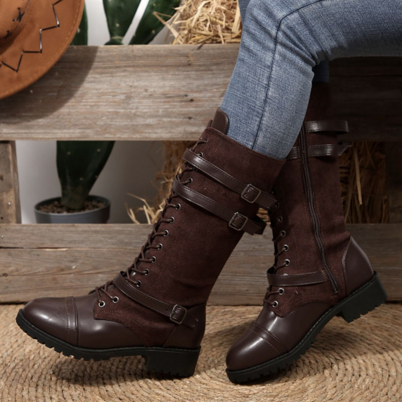 Високи ботуши Wish Amazon 2025 есен и зима нови европейски и американски ботуши с кръгъл връх от пура, снаждане на деним, рицарски ботуши, готови за трансграничен пазар