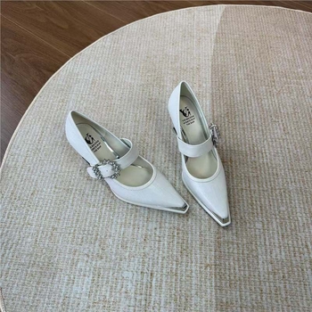 Ψηλά τακούνια 7cm, ευέλικτα, κομψά, μοντέρνα λουράκια με στρας, χοντρά τακούνια, ρούχα εργασίας σε στυλ Ouo, φλατ παπούτσια από γνήσιο δέρμα με μυτερή μύτη για γυναίκες