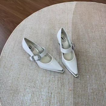 Ψηλά τακούνια 7cm, ευέλικτα, κομψά, μοντέρνα λουράκια με στρας, χοντρά τακούνια, ρούχα εργασίας σε στυλ Ouo, φλατ παπούτσια από γνήσιο δέρμα με μυτερή μύτη για γυναίκες