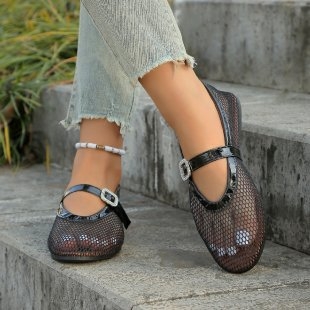 Sandale de balet cu cap rotund european și american, cu plasă de pește, cu gol, pentru femei, de primăvară și de vară, cu cataramă, Mary Jane, pantofi single