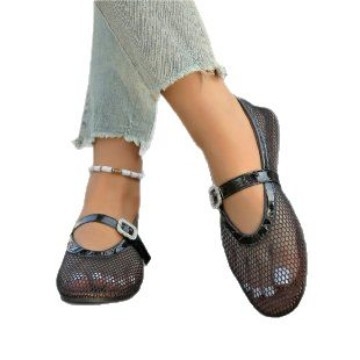 Sandale de balet cu cap rotund european și american, cu plasă de pește, cu gol, pentru femei, de primăvară și de vară, cu cataramă, Mary Jane, pantofi single
