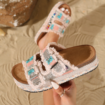 Διεθνής Σταθμός Εξωτερικού Εμπορίου Νέα Παντόφλες Παραλίας με Χοντρό Σόλα από Σχοινί Κάνναβης με Αγκράφα Δύο Λέξεων από Στρας από Φελλό Μεγάλο Μέγεθος Γυναικεία Παπούτσια Παπούτσια